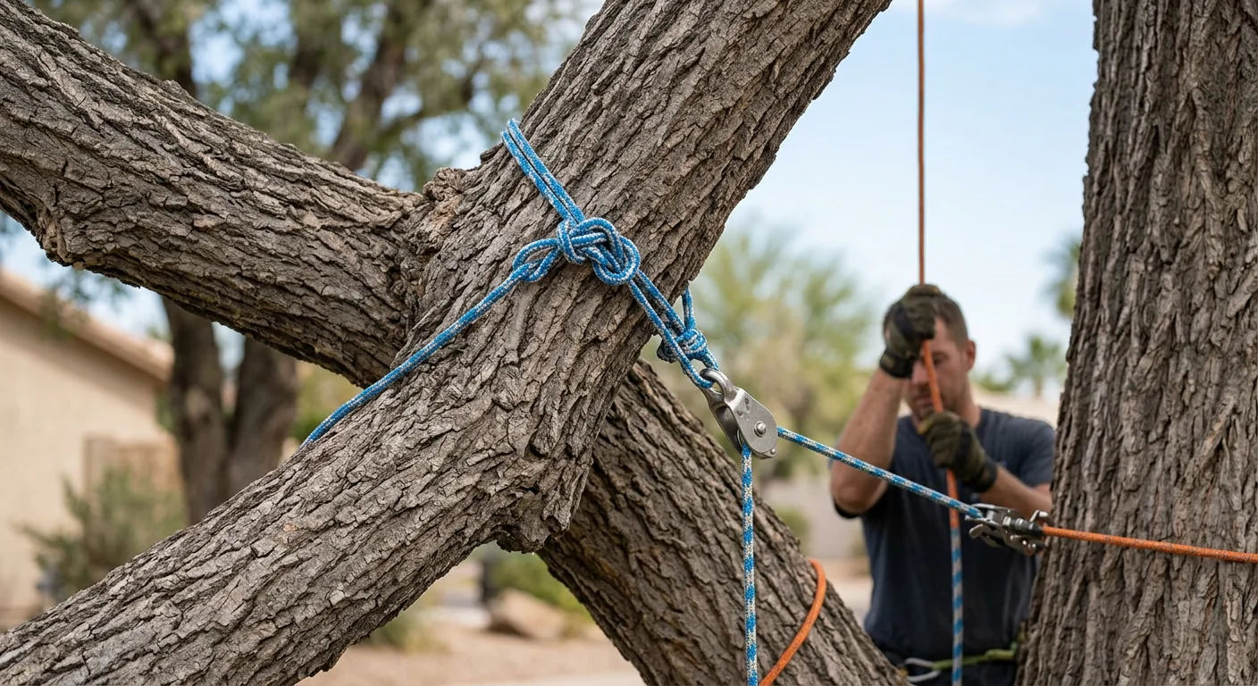 Close-up of a rigged tree limb secured with ropes during controlled removal