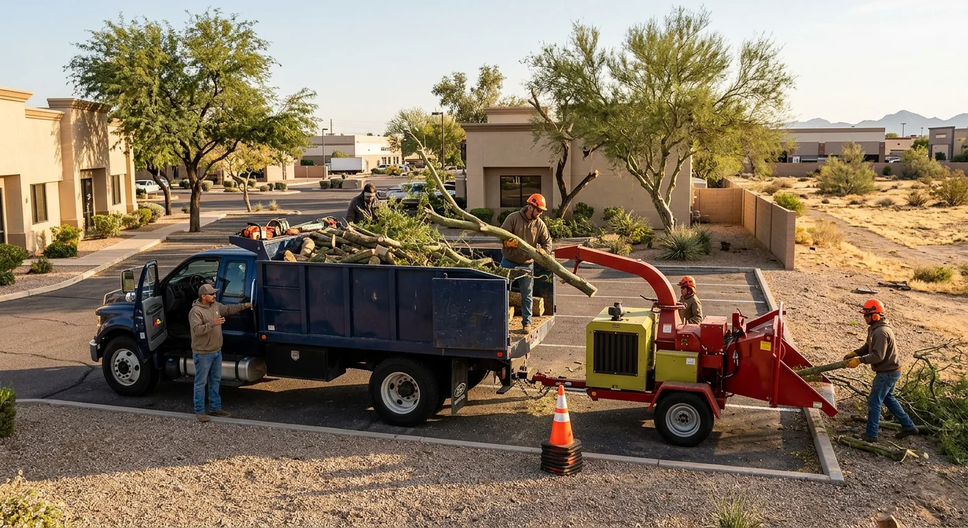 Crew hauling storm limbs into a truck bed on a commercial property