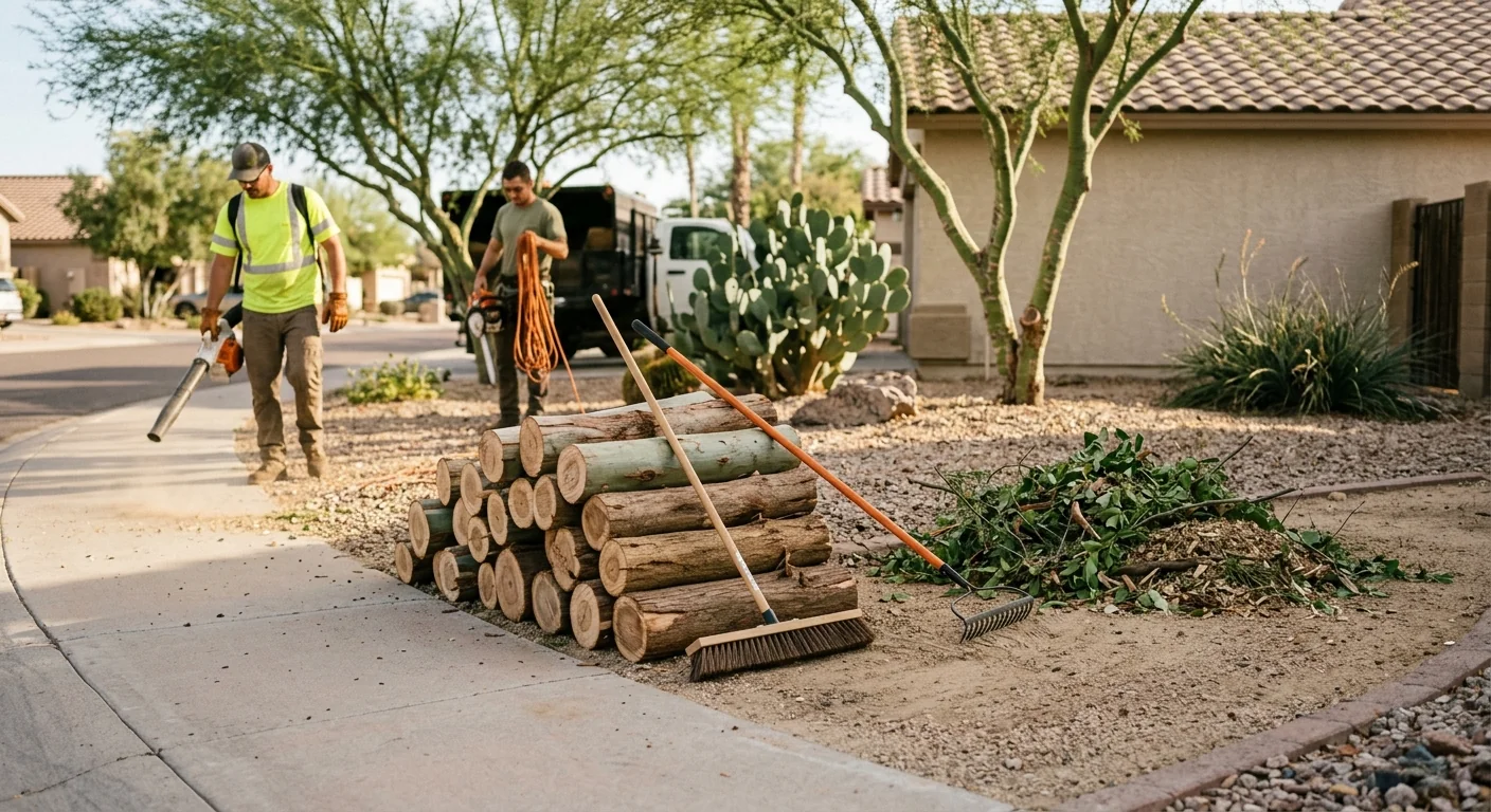 Ground-level view of stacked cut logs and swept debris after cleanup
