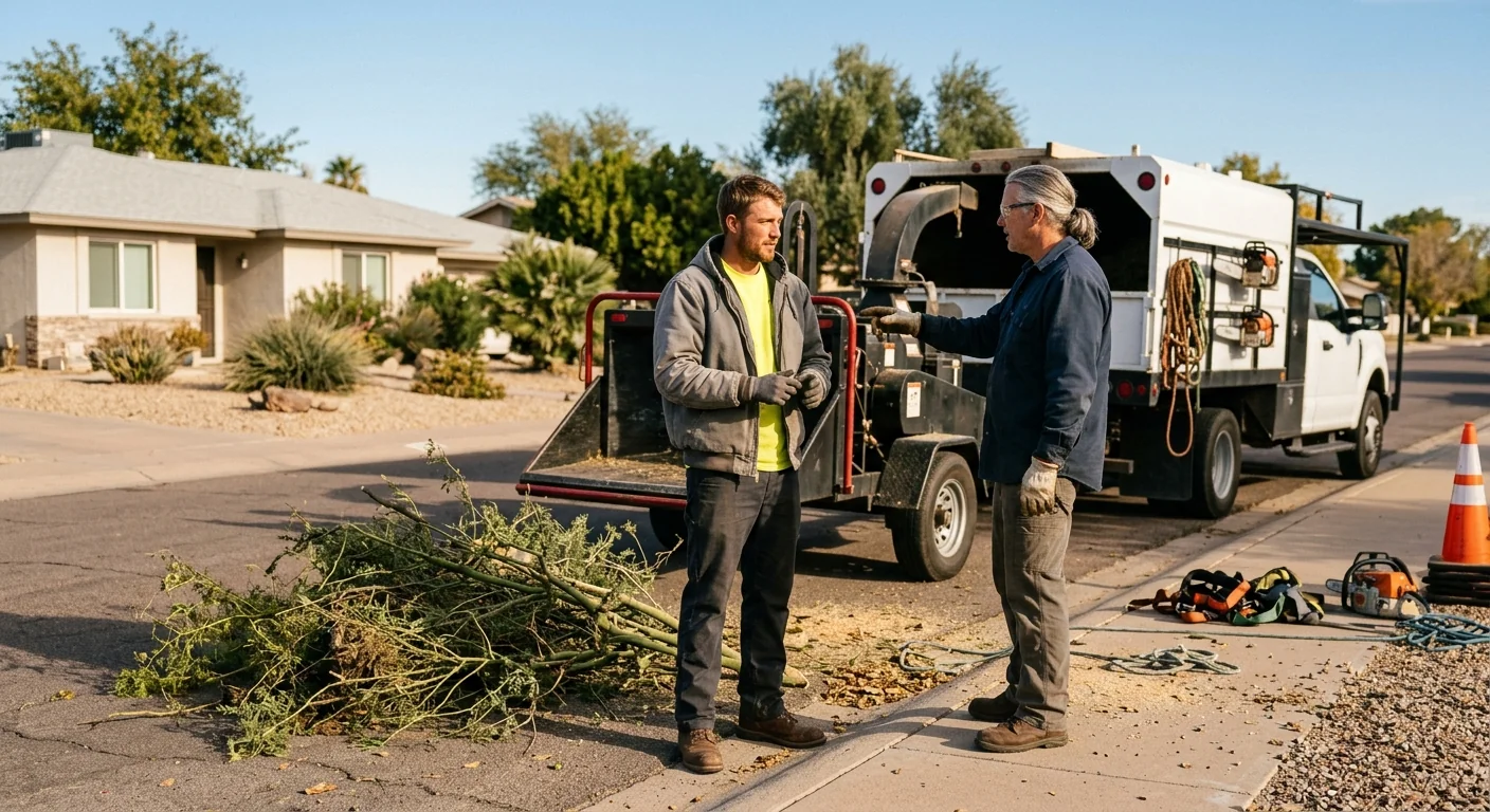 Uniformed tree crew safely removing storm-damaged branches near a Tolleson home