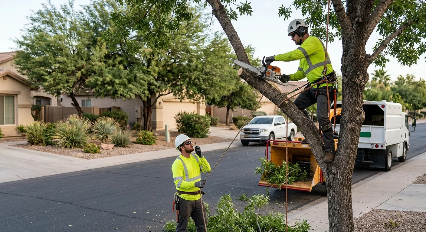 Stump grinder reducing a large tree stump in a Tolleson backyard