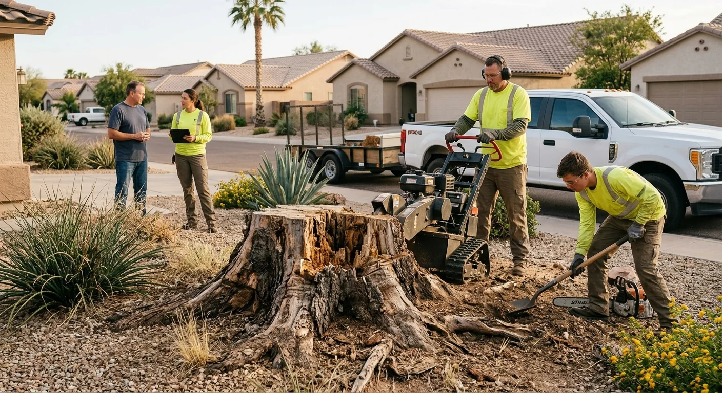 Decaying tree stump with surface roots in a Tolleson front yard