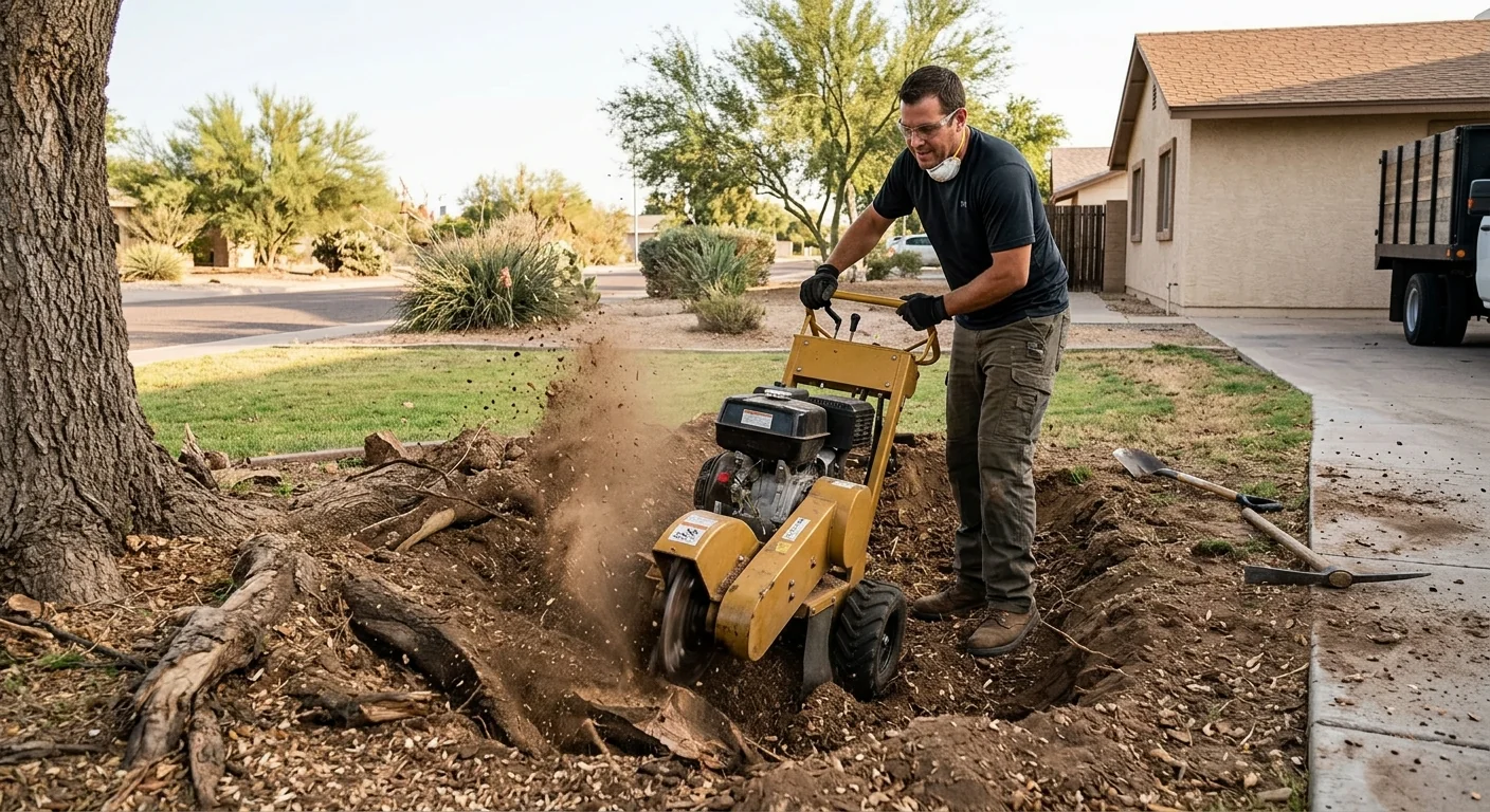 Stump grinder removing root flare wood below ground level