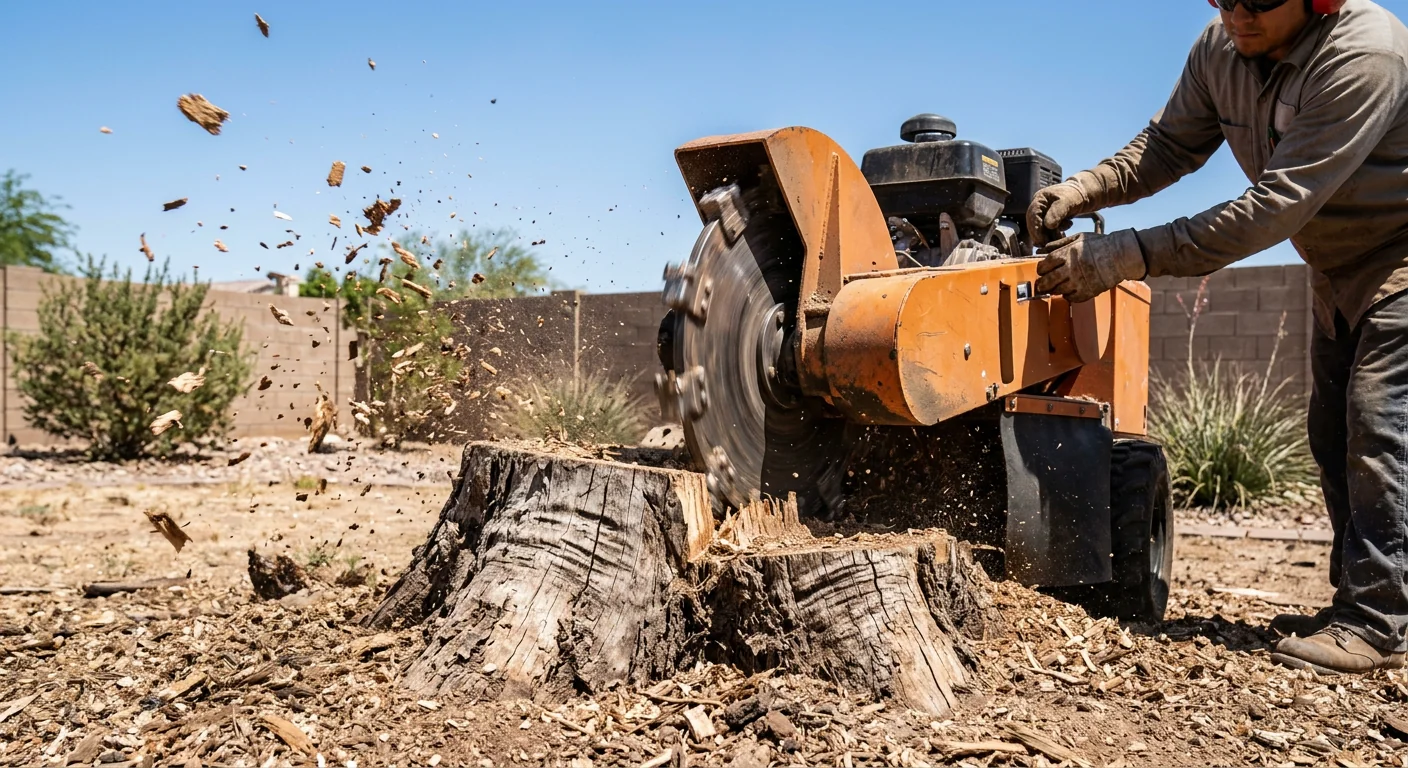 Close-up of a stump grinder cutting wheel removing an oak stump in a Tolleson backyard