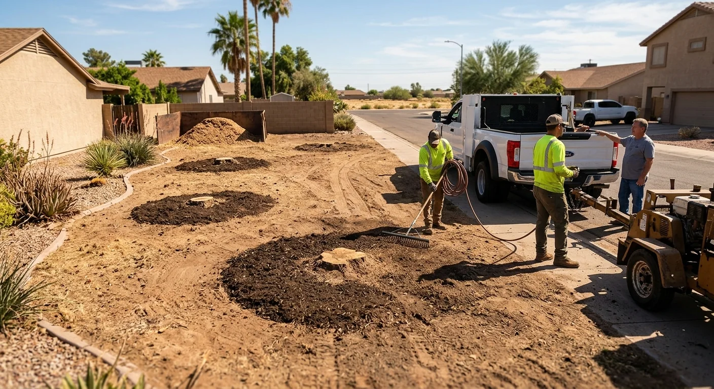 Wide shot of a cleared residential lot after multiple stumps ground below grade