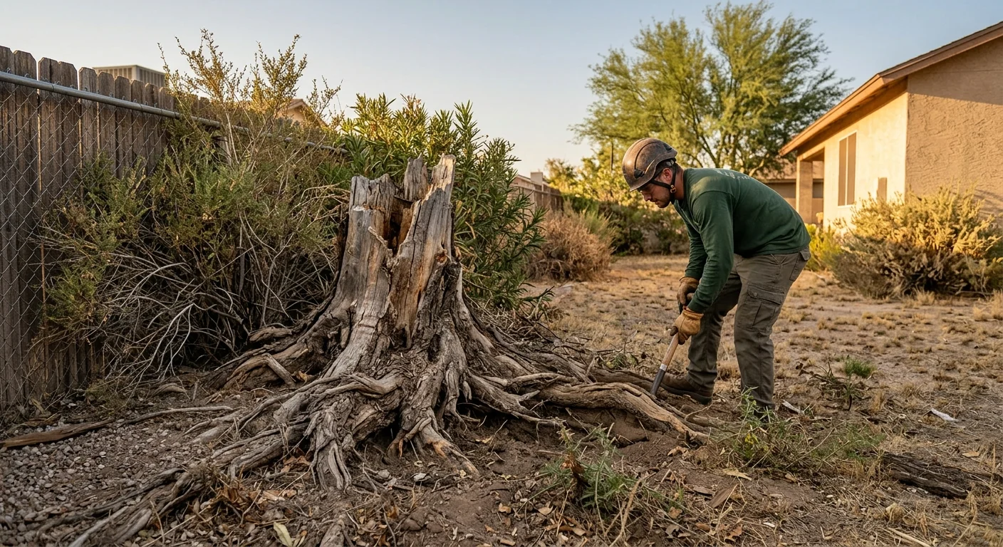 Before context showing overgrown stump surrounded by roots near a property fence line