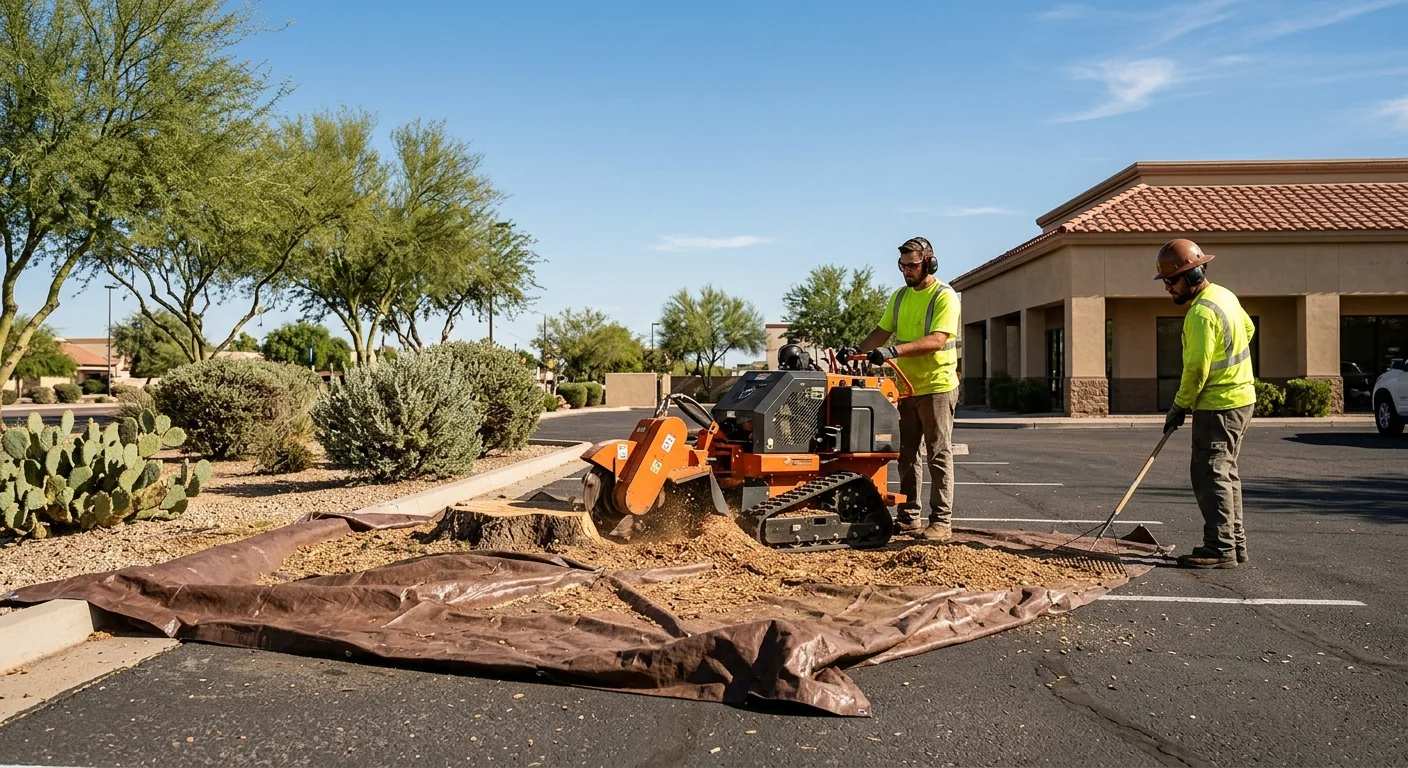 Stump grinder in action on a commercial property lot with debris containment