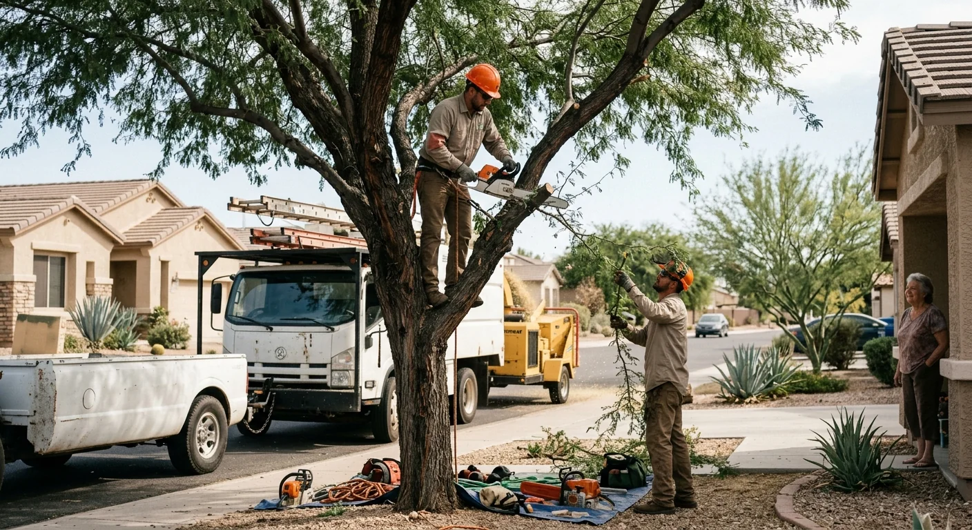 Tree crew reviewing a freshly ground stump area with a Tolleson homeowner