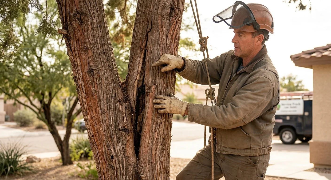 Cracked co-dominant stem showing weak branch union on a mature Tolleson tree