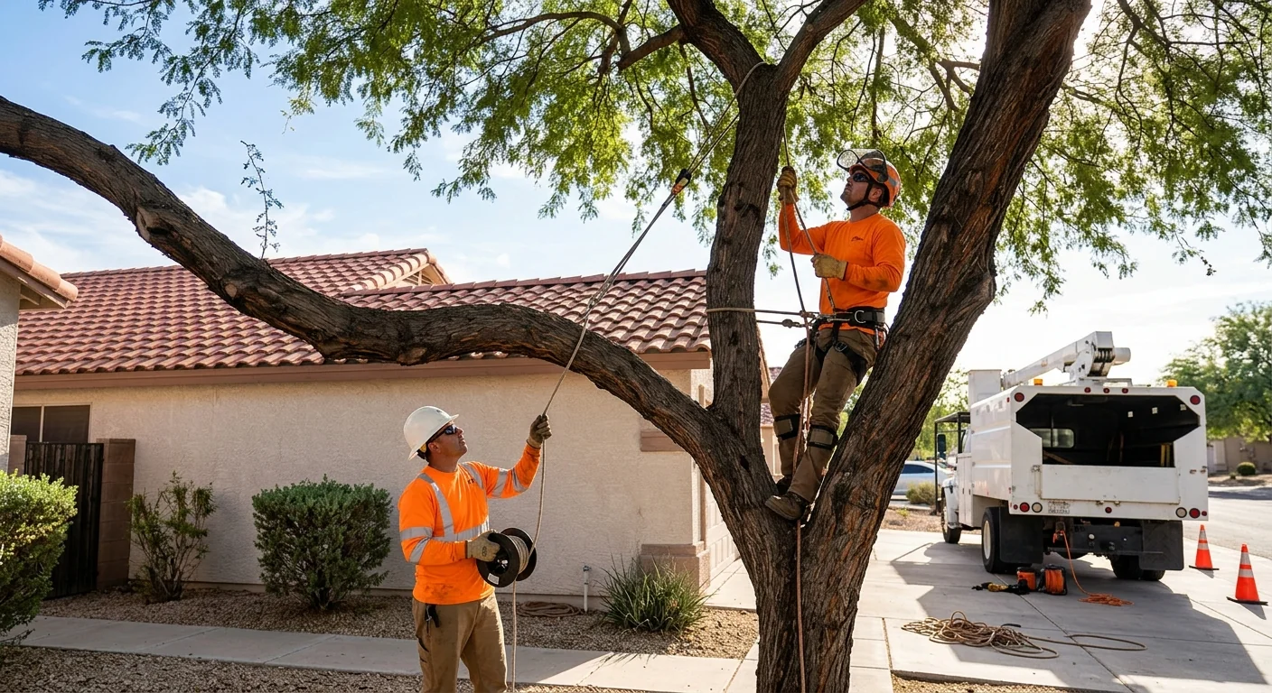 Sagging limb over a residential roofline needing structural cable support in Tolleson