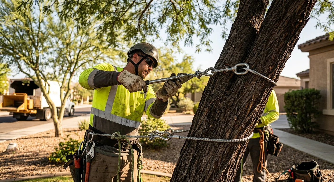 Close-up of steel cable and hardware bracing a split tree trunk in Tolleson