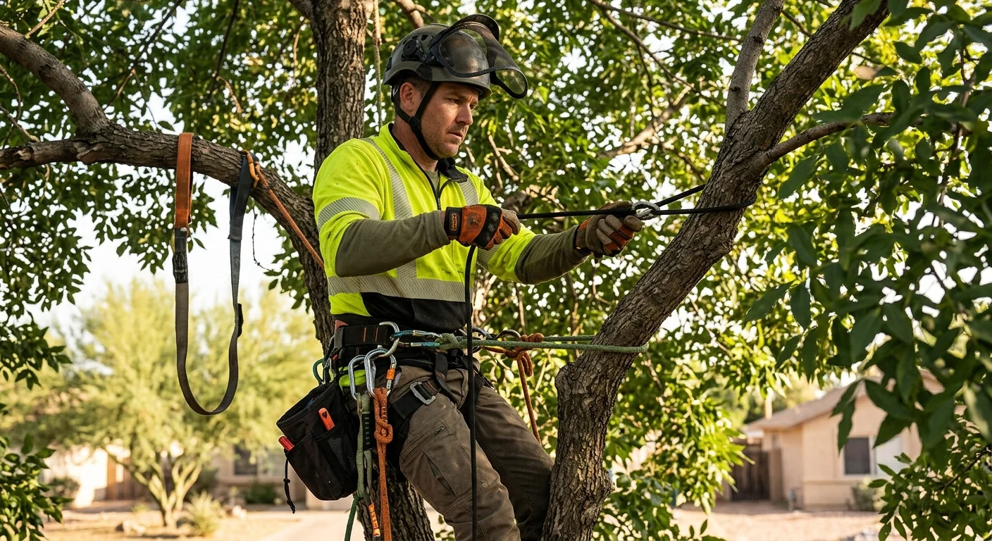 Arborist installing dynamic cabling system high in a mature shade tree canopy