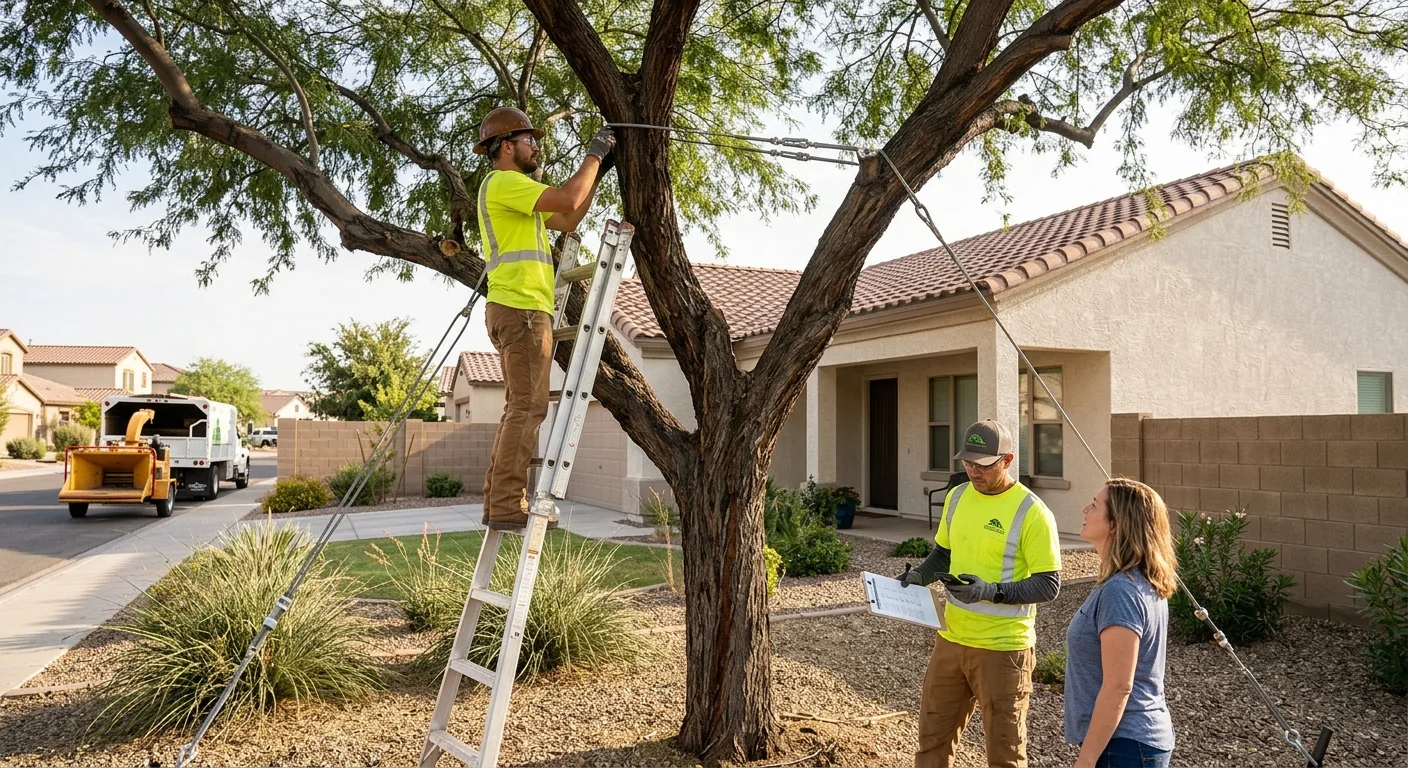 Wide shot of braced mesquite tree standing over a residential Tolleson backyard