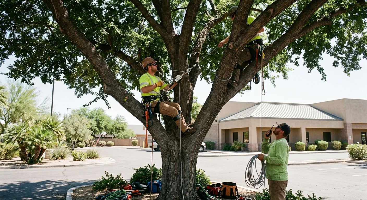 Crew coordinating cabling installation on a large canopy tree at a commercial lot