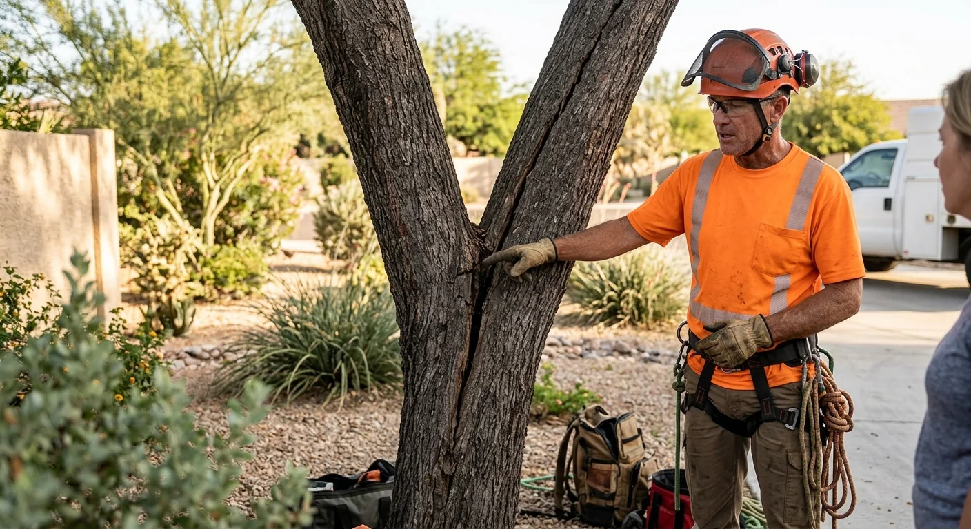 Before context of split-leader tree showing structural weakness prior to bracing