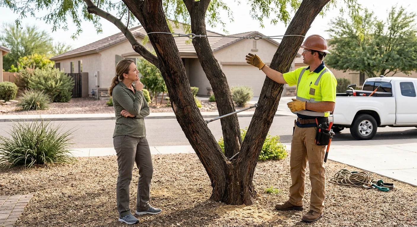 Property owner walkthrough beside a professionally cabled and braced neighborhood tree