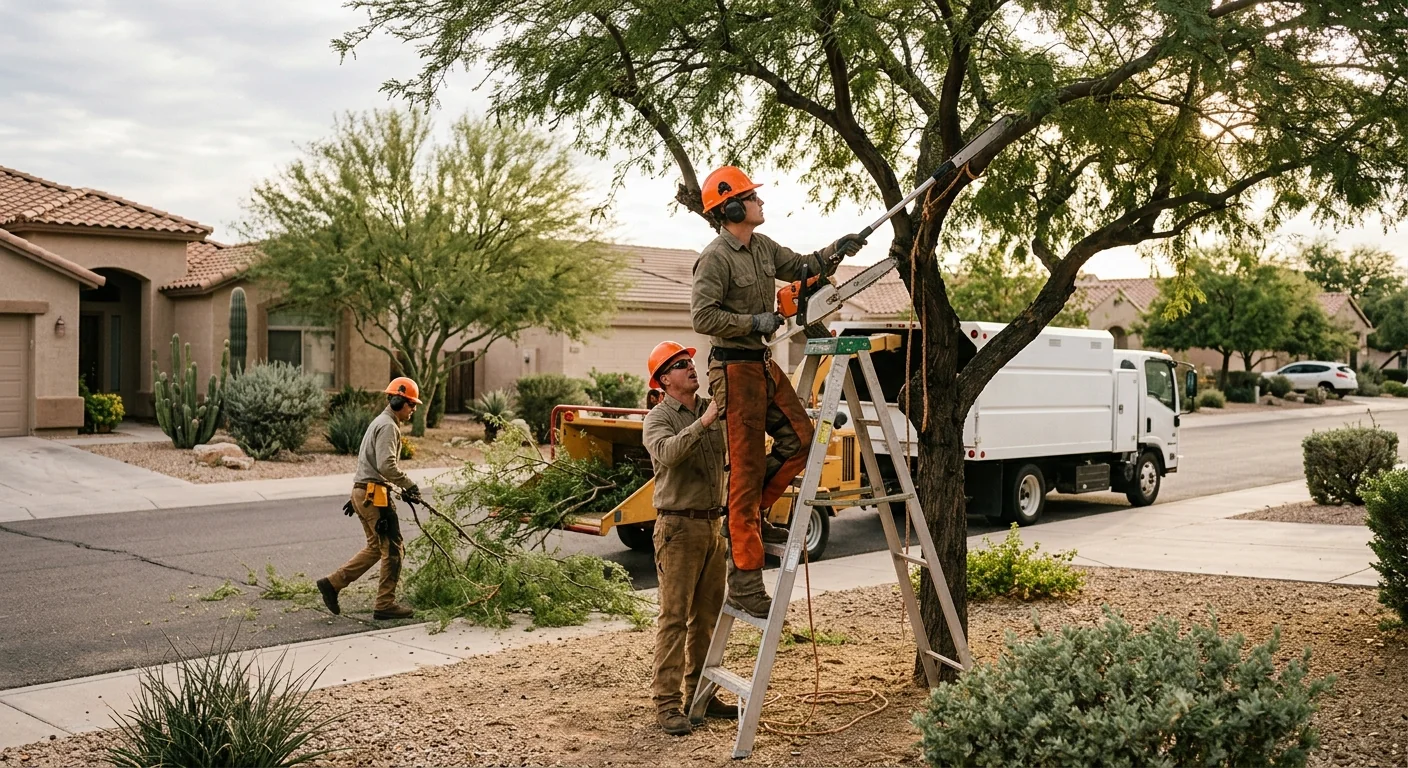 Crew reviewing installed support cables with a Tolleson homeowner near a mature tree
