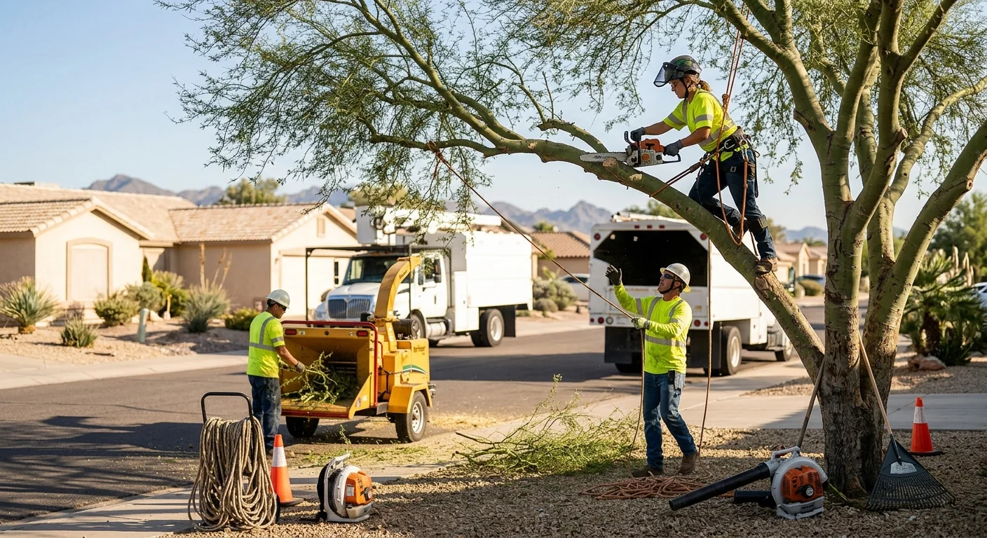 Arborist inspecting a mature shade tree during a maintenance visit in Tolleson