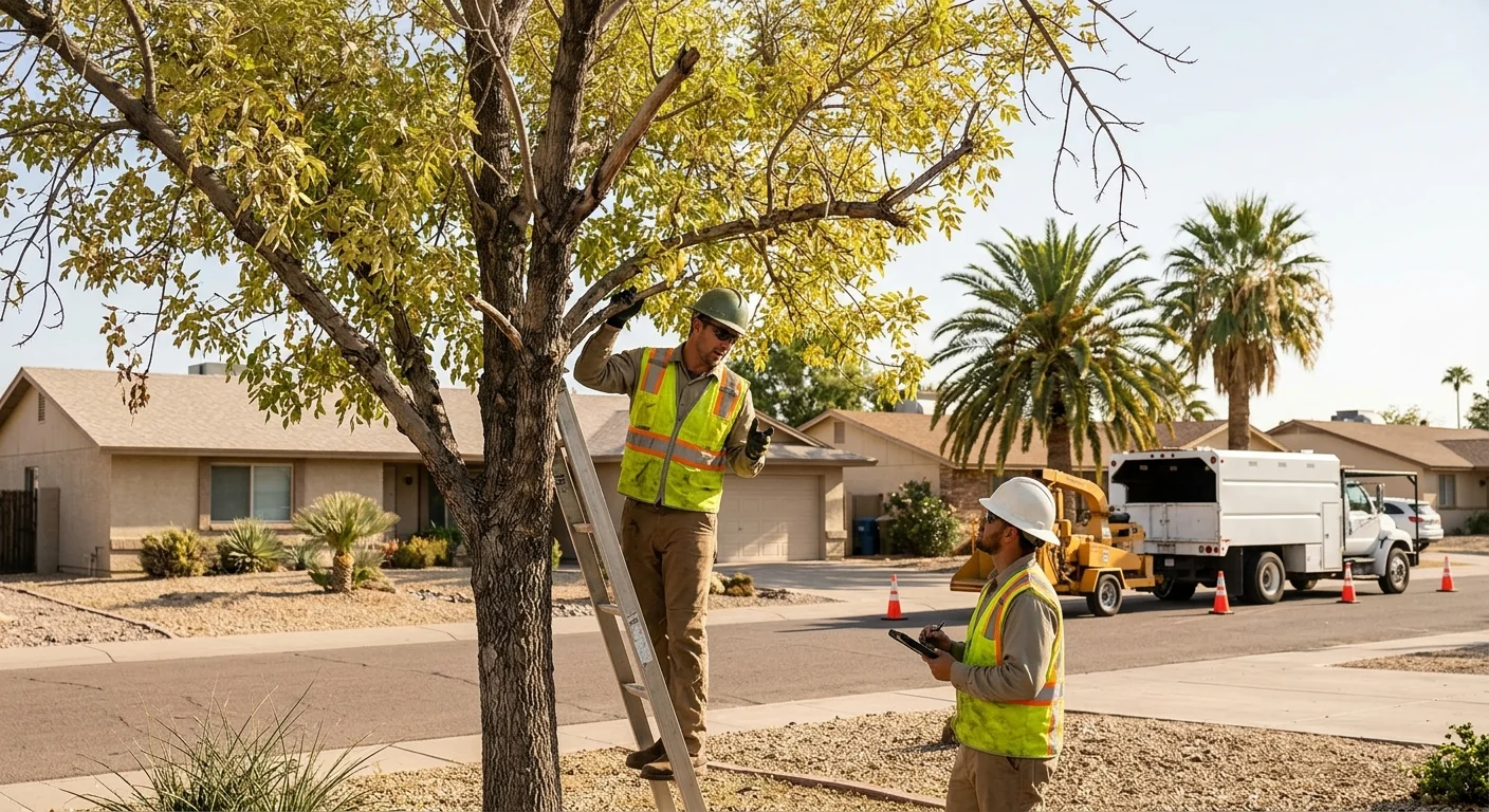 Yellowing canopy and thinning branches on a stressed tree in Tolleson