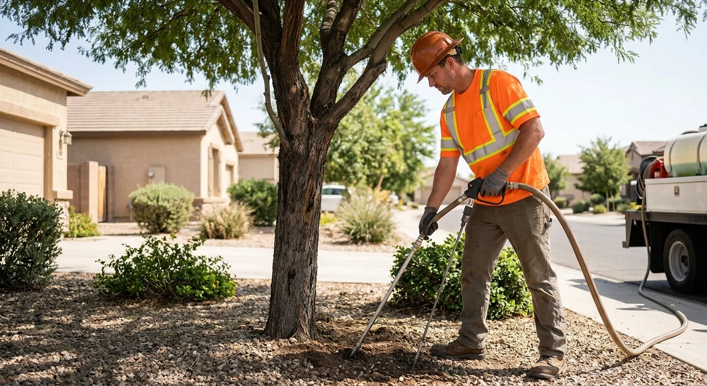 Arborist applying deep-root fertilization around a mature shade tree in a Tolleson yard