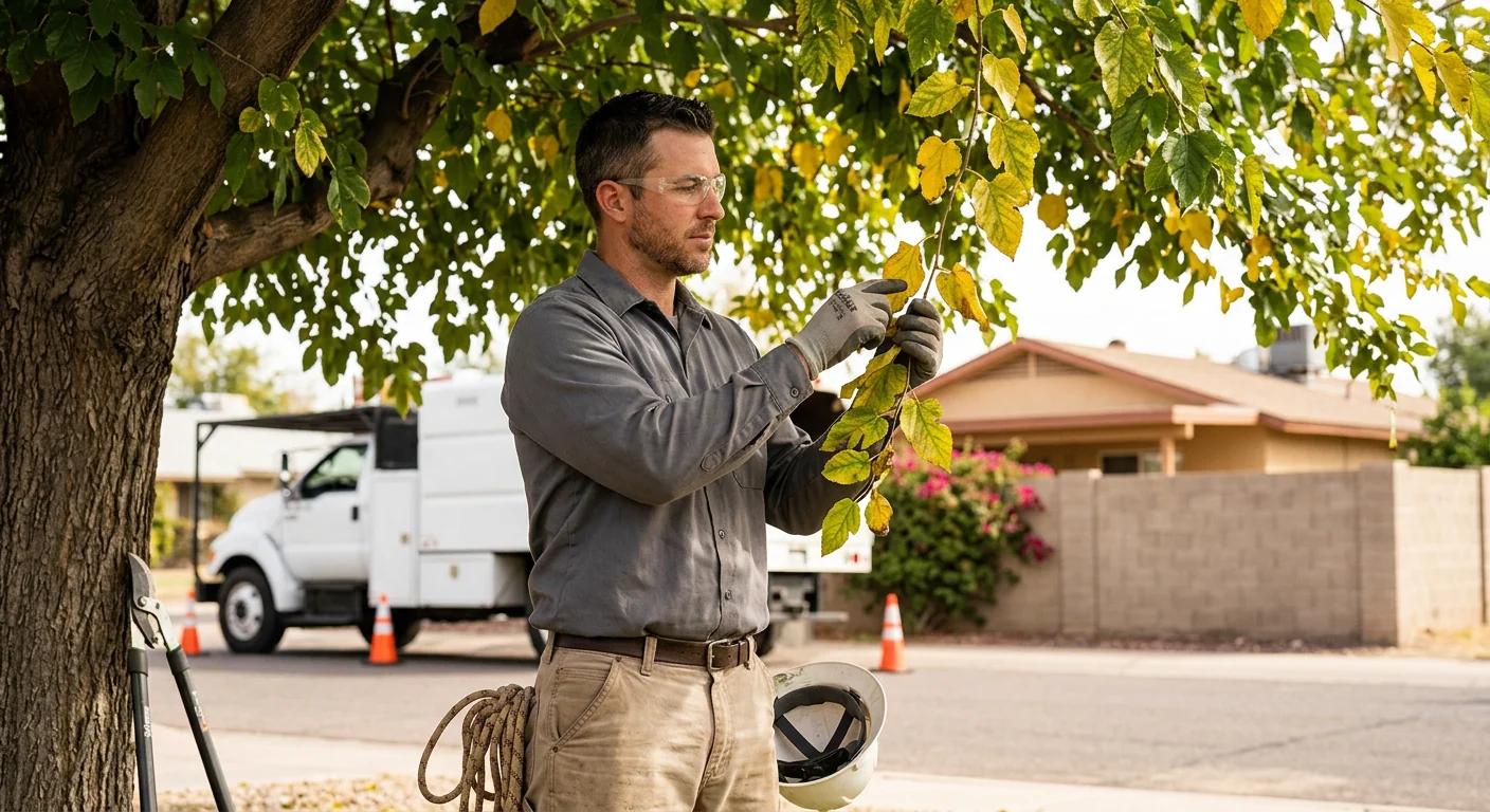 Worker inspecting yellowing leaves for chlorosis signs on a stressed canopy