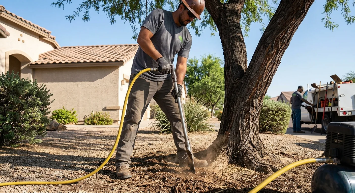 Soil aeration equipment in action near the root zone of a large tree
