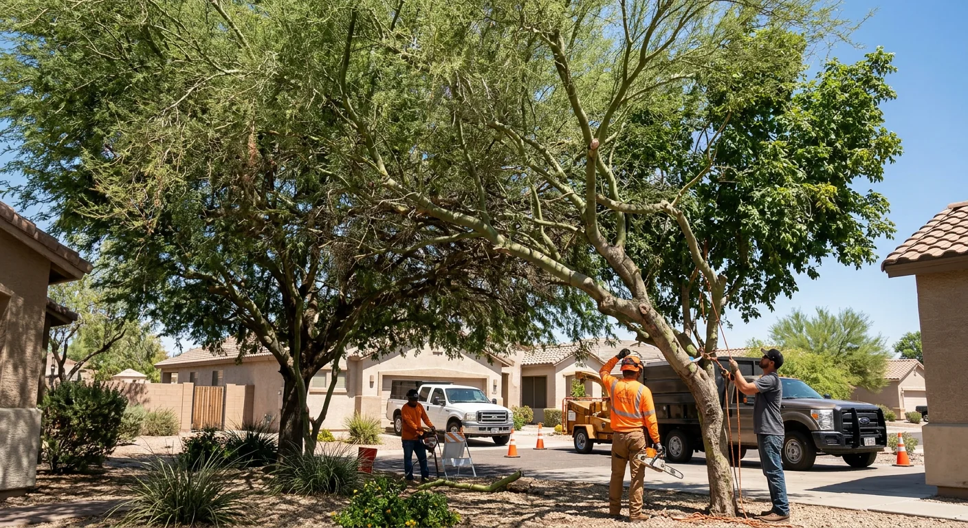 Before-context view of an overgrown tree canopy needing selective pruning