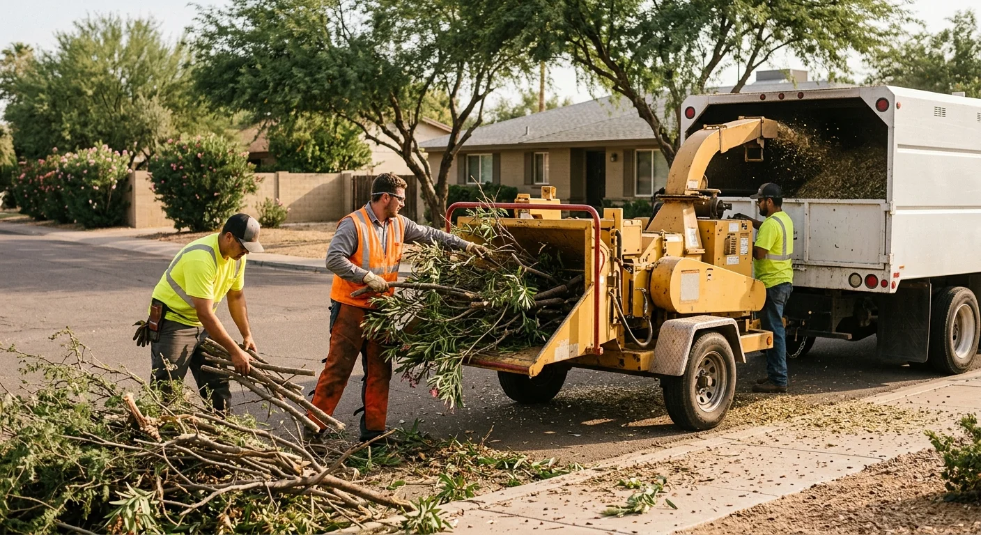 Crew loading pruned brush into a chipper on a Tolleson service visit