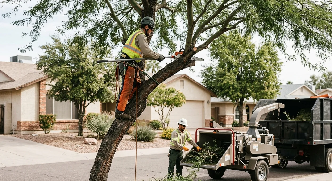 Tree care specialist reviewing canopy health with a Tolleson homeowner after service