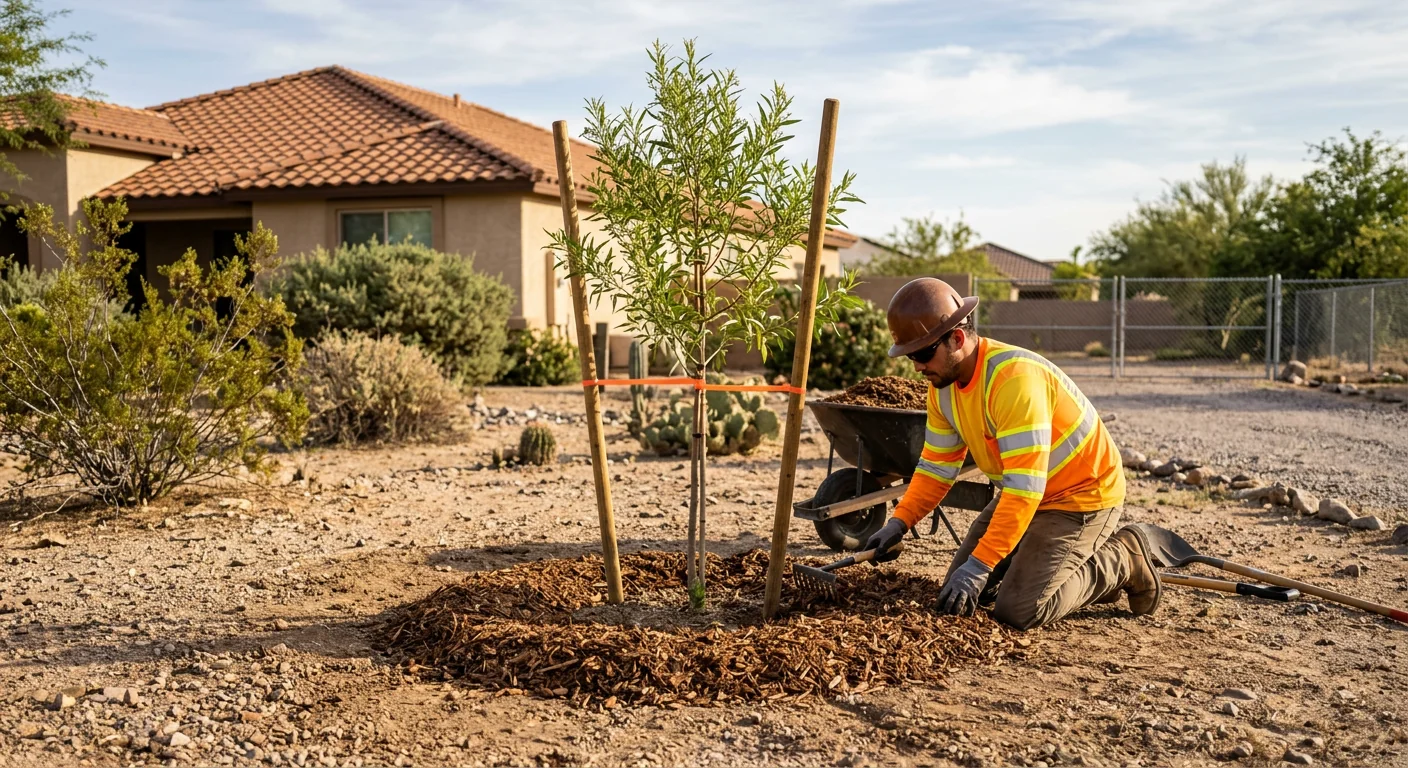 Newly planted desert tree with mulch ring on a Tolleson property