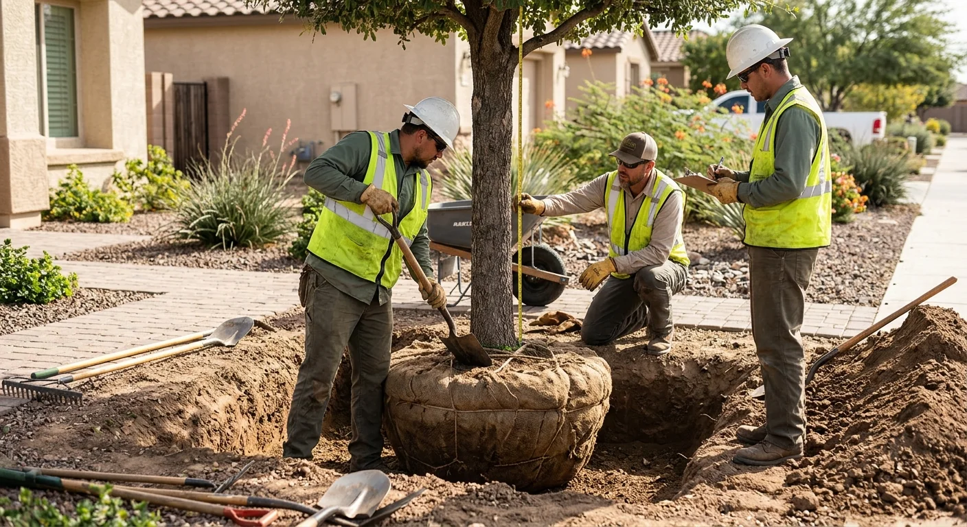 Crew checking root ball depth before backfilling a planting pit