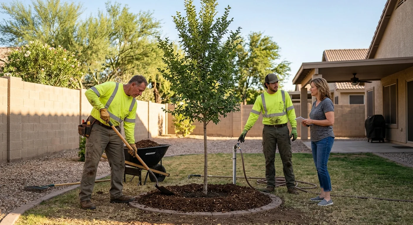 Newly planted shade tree with mulch ring in a Tolleson backyard