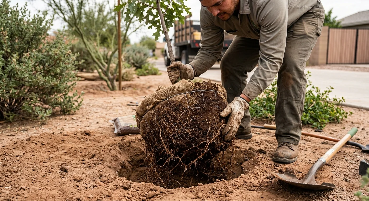 Close-up of a healthy root ball set into prepared planting hole