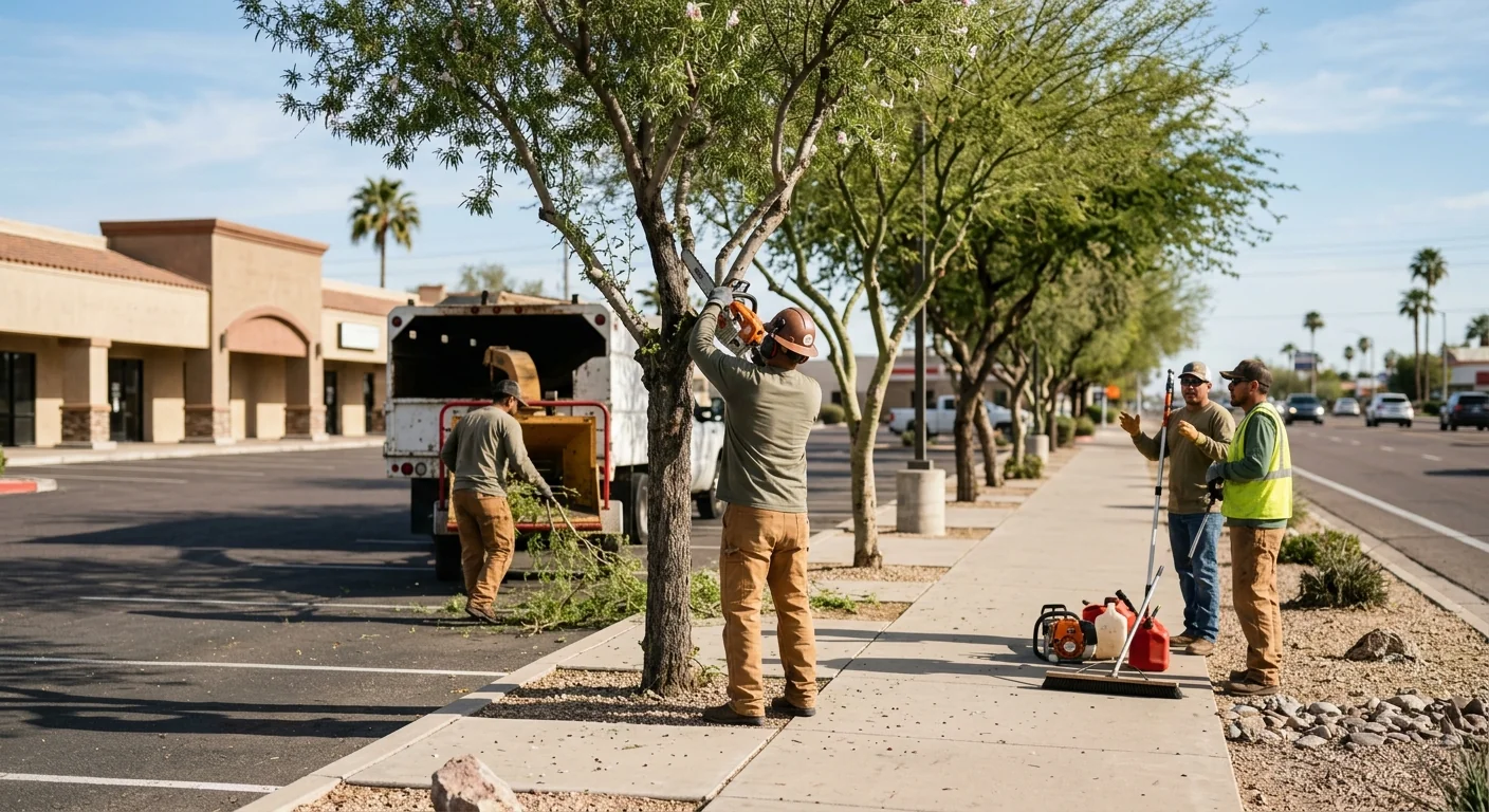 Wide view of drought-tolerant trees planted along a commercial lot