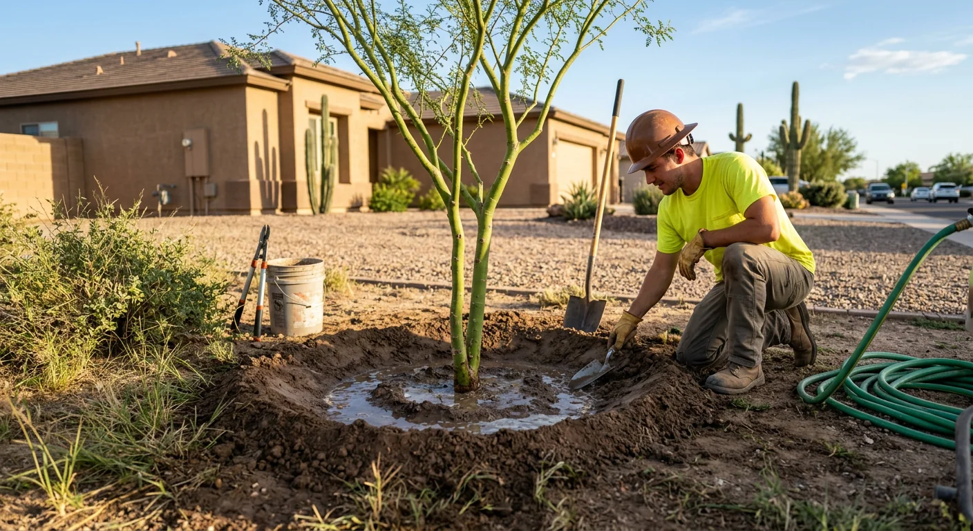 Deep-watering basin formed around a freshly planted desert tree