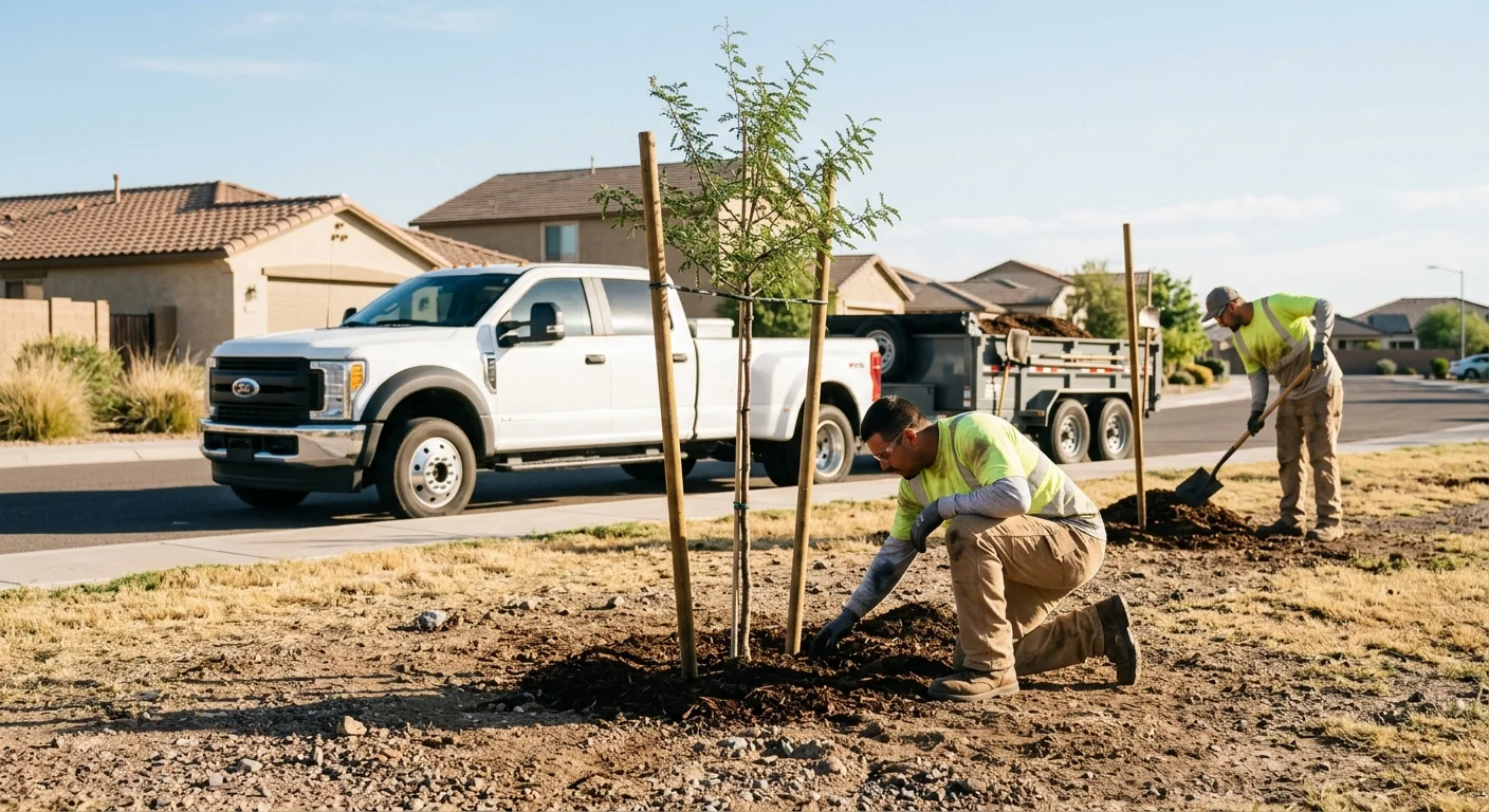 Row of young trees planted across an HOA common green space