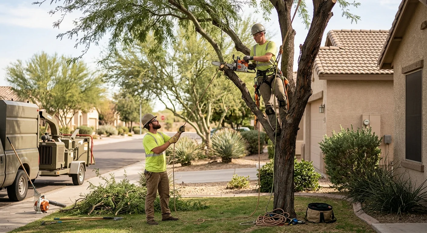 Tree Service Masters crew planting a young shade tree in a Tolleson yard