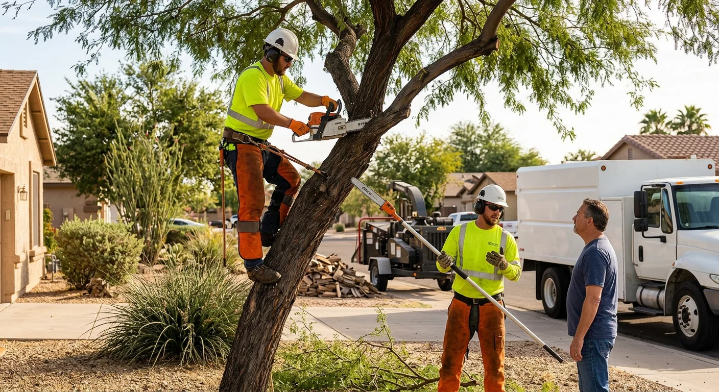 Arborist evaluating a mature tree canopy for pruning at a Tolleson home