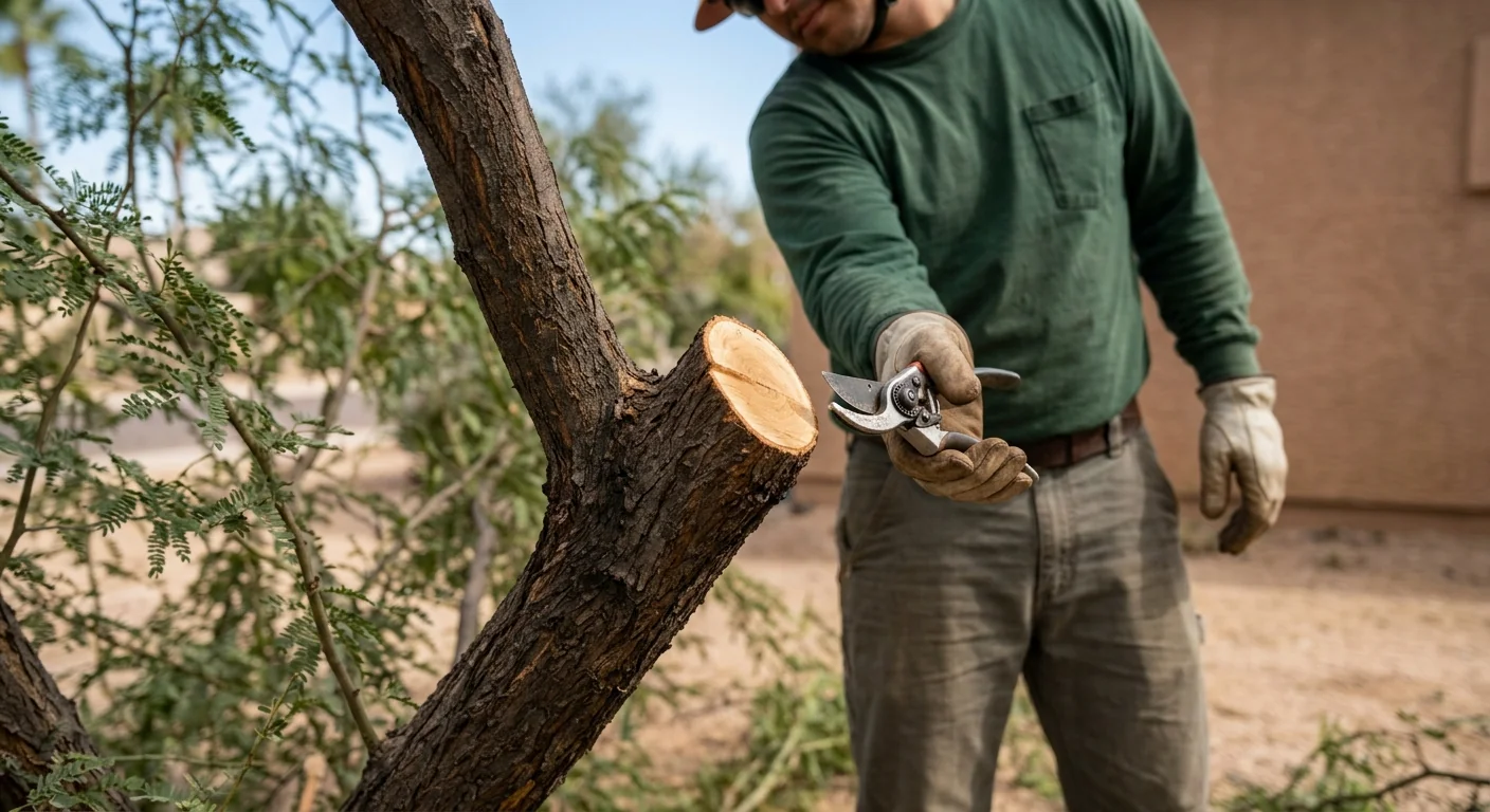 Close-up of clean directional pruning cut on a mature mesquite branch in Tolleson