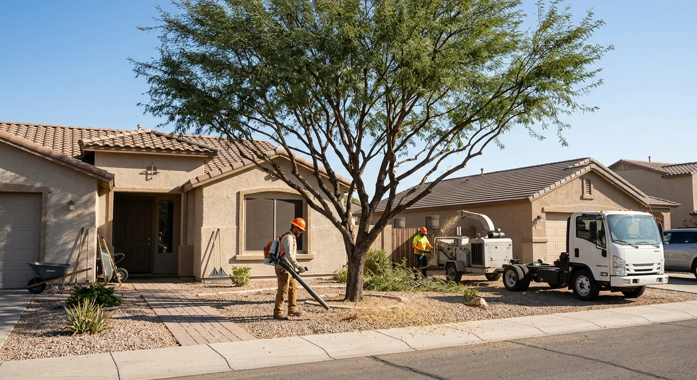 Wide shot of a residential front yard tree after crown thinning in Tolleson