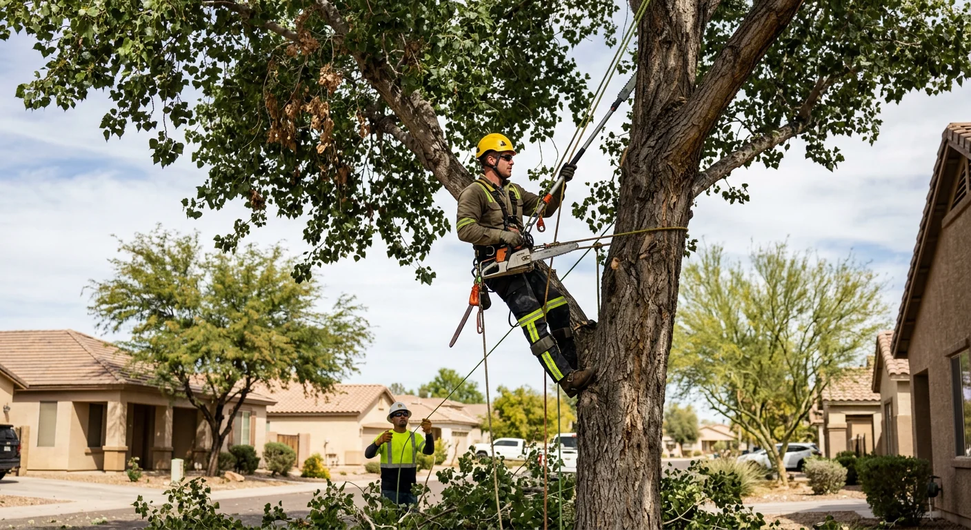 Arborist climbing with rigging ropes to prune a tall canopy safely