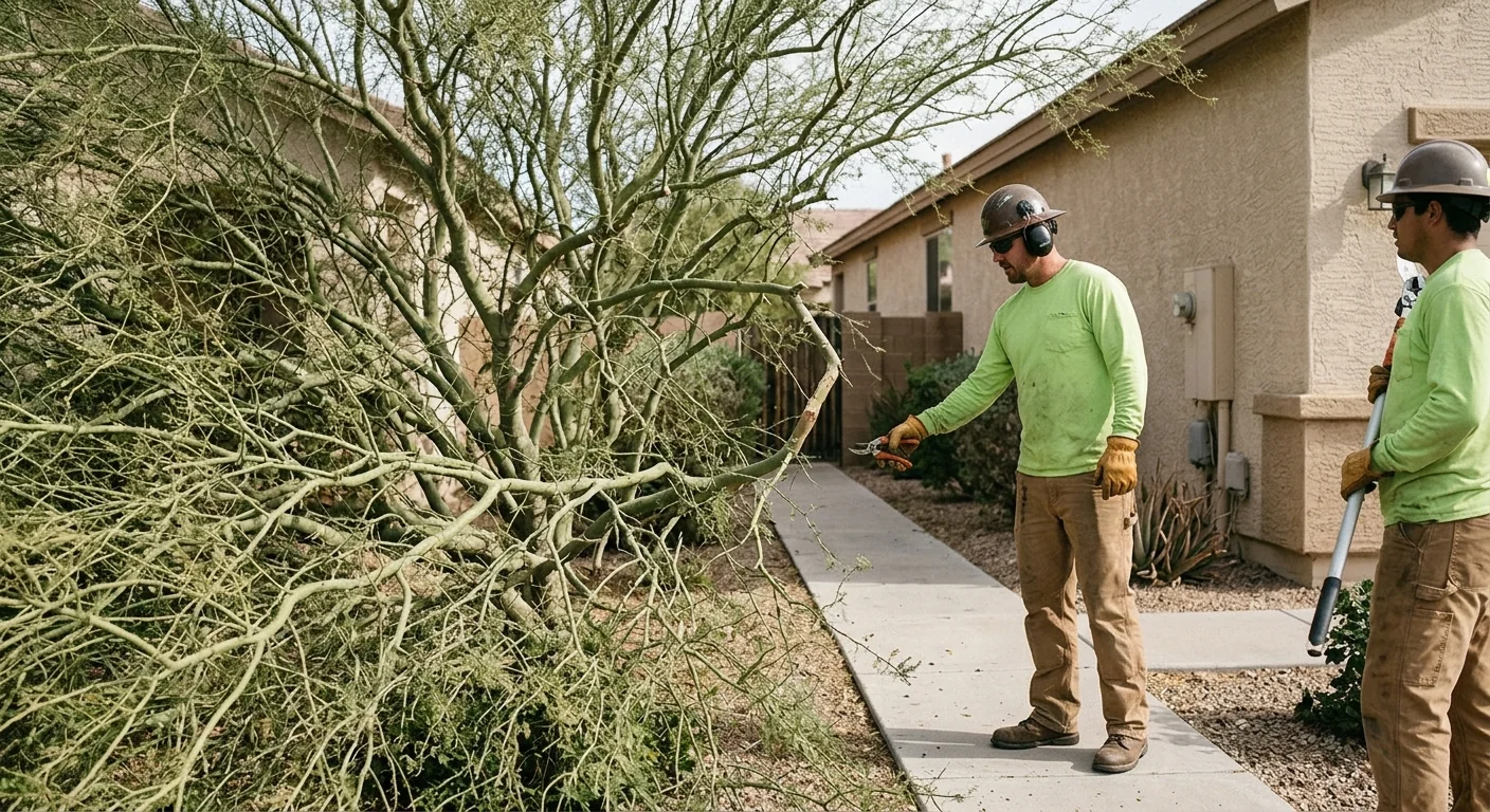 Before context of an overgrown palo verde needing clearance pruning near a walkway
