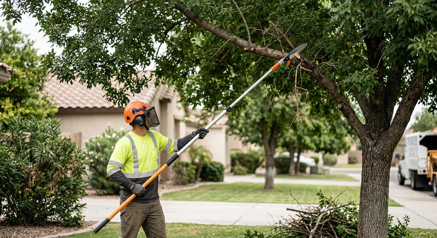 Pole pruner in action removing deadwood from a shade tree limb