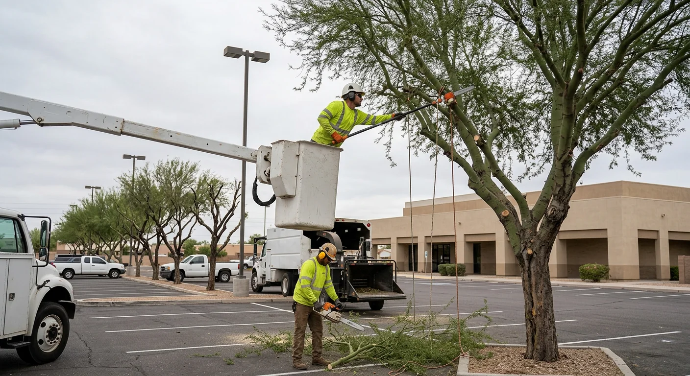 Commercial parking lot trees pruned for clearance above vehicles and lighting