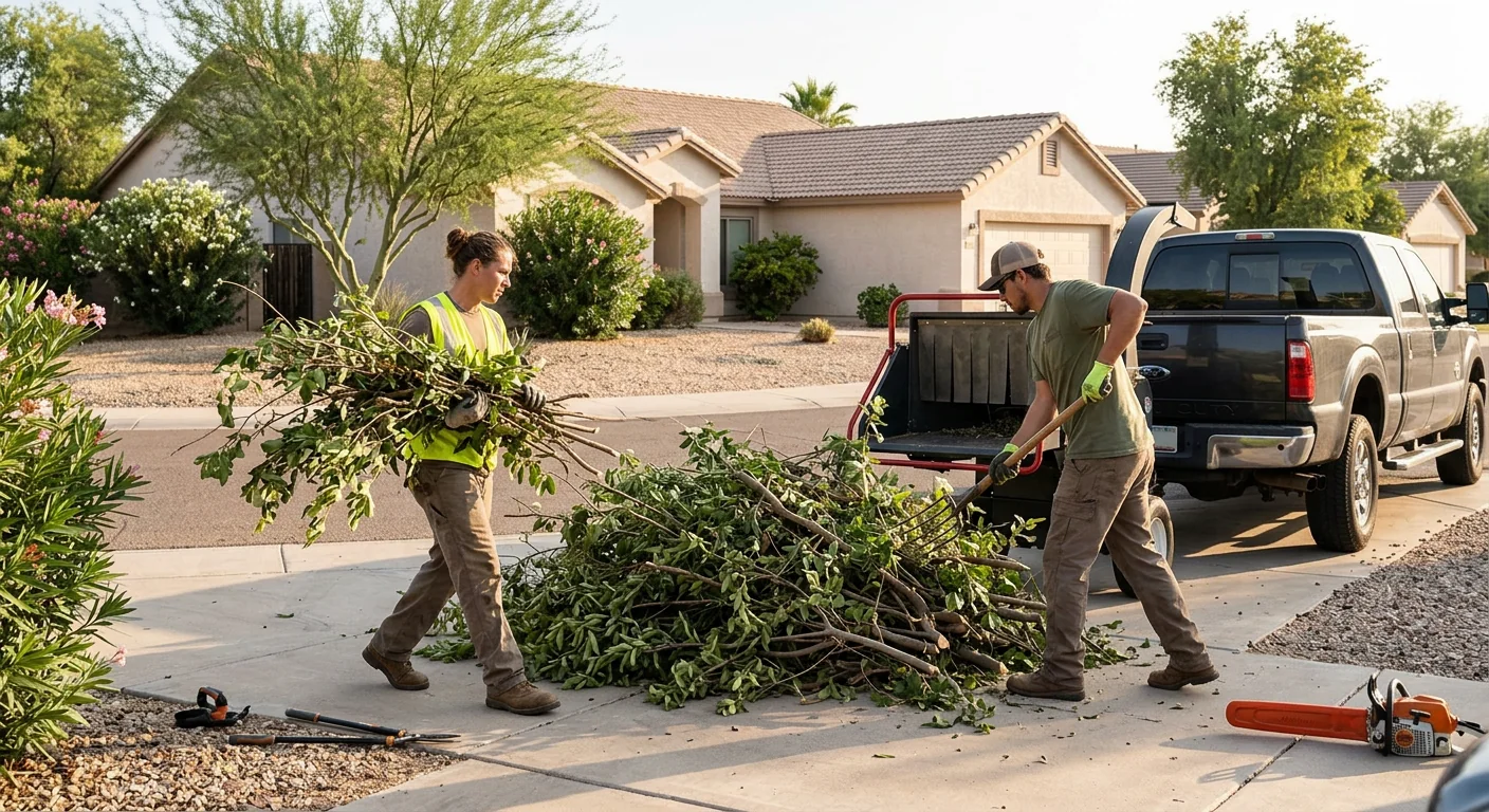 Ground crew stacking pruned branches for haul-away after a service visit
