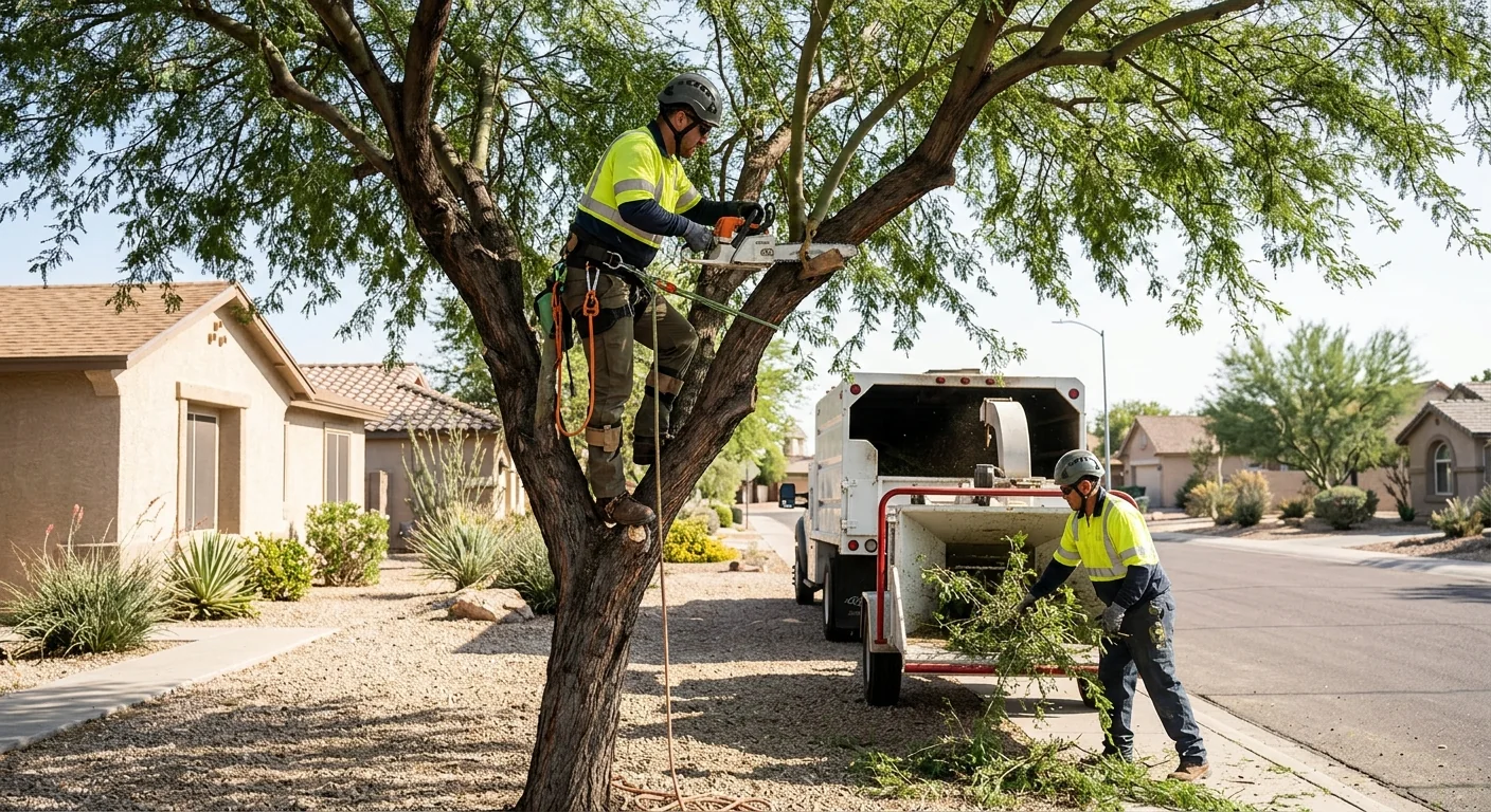 Pruning crew shaping a residential tree canopy during a scheduled Tolleson service visit