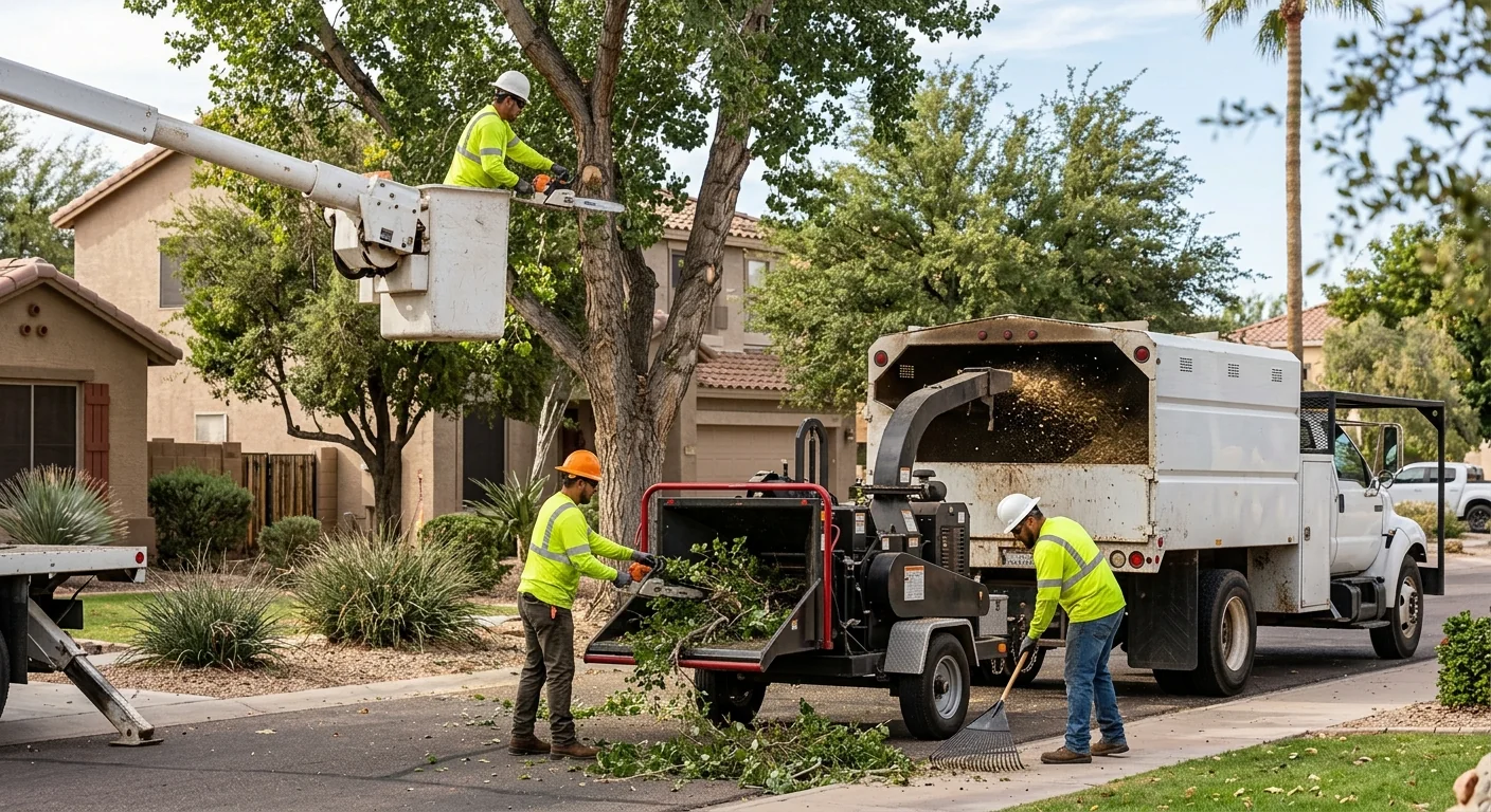 Arborist measuring a large tree trunk before removal at a Tolleson property
