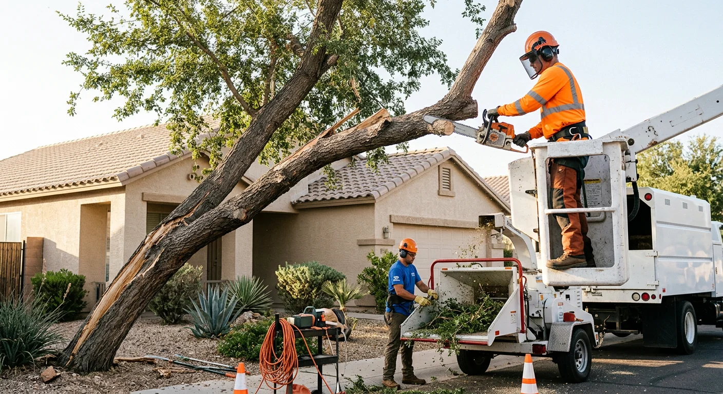 Leaning storm-damaged tree with cracked trunk beside a Tolleson home