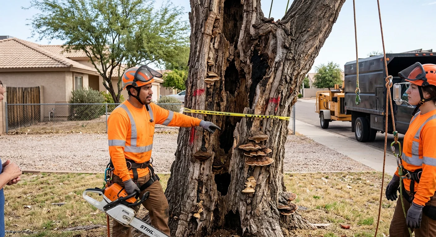 Decayed hollow trunk with fungal growth marking an unsafe tree for removal