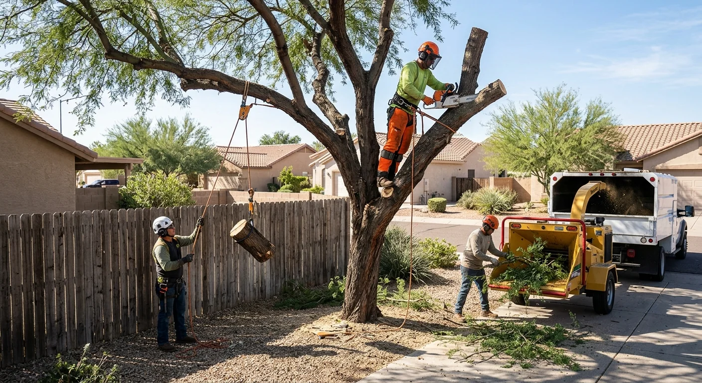 Crew sectional dismantling a large tree beside a Tolleson backyard fence